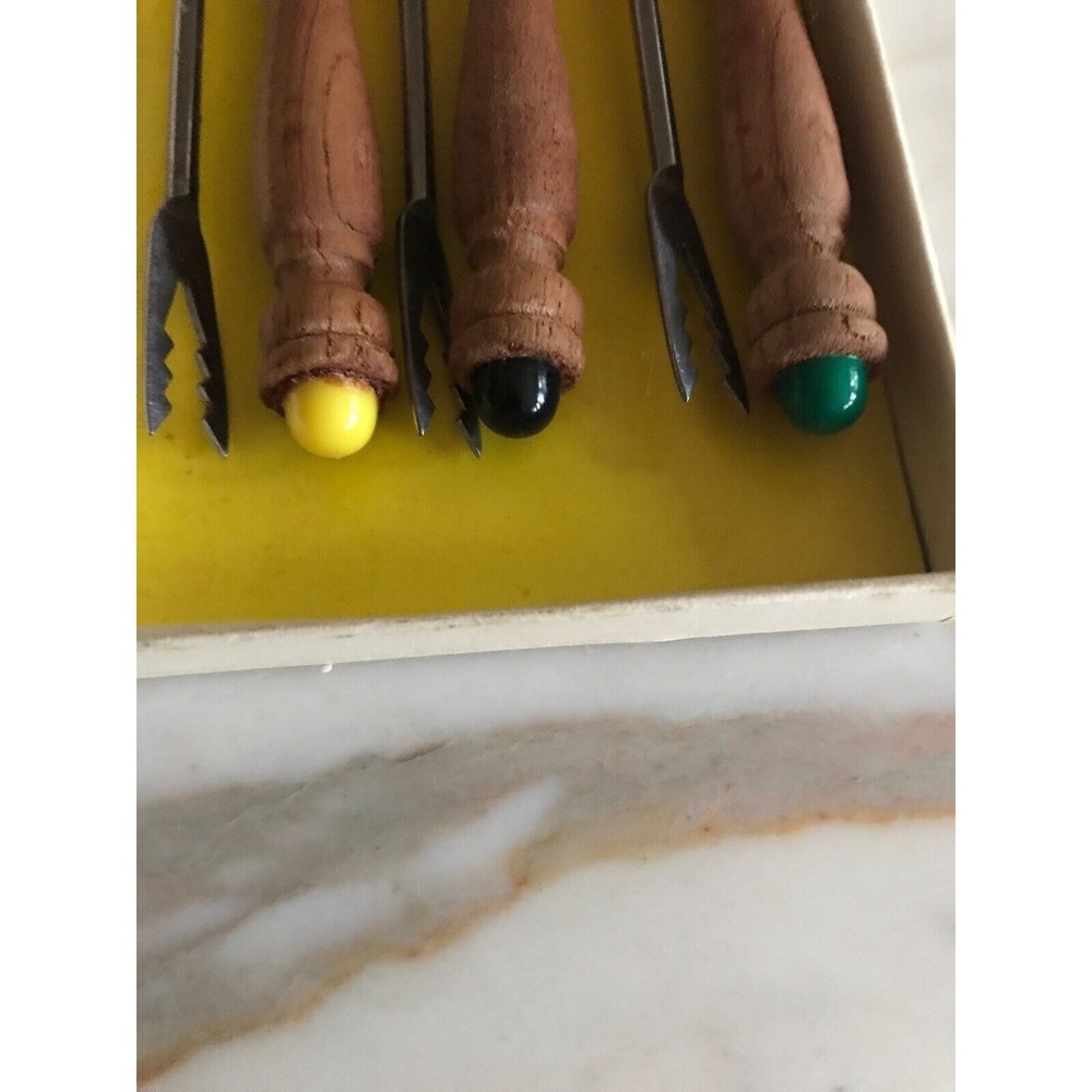 Vintage 1960's Fondue Fork 6 Piece Stainless Wood Handles Colored Tips - Picture 4 of 6